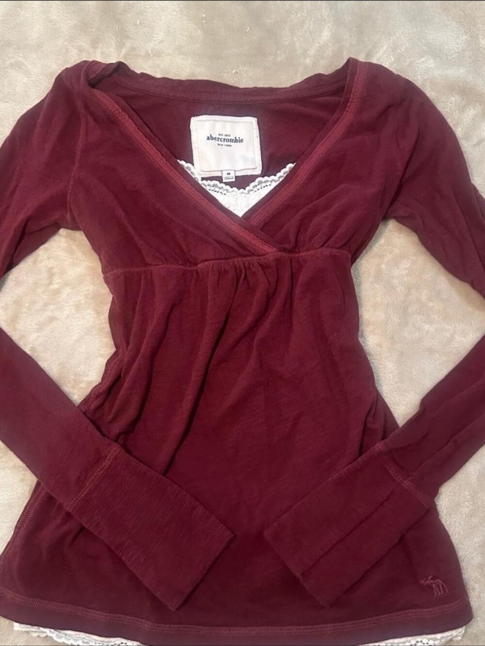 Abercrombie & Fitch Long-Sleeve V-Neck Wrap Top in Burgundy